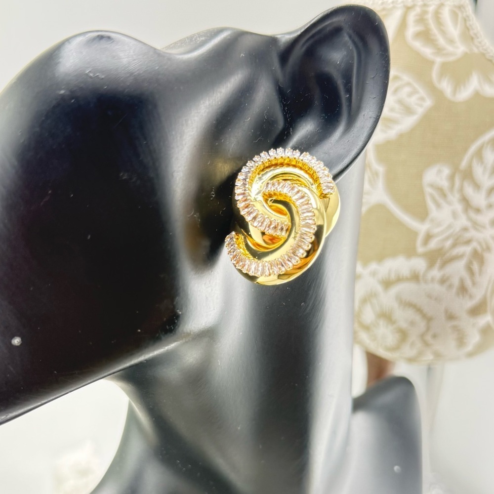 Natasha Gold-Tone Knot Earrings with Cubic Zirconia – Bold Statement Studs - Picture 9 of 13